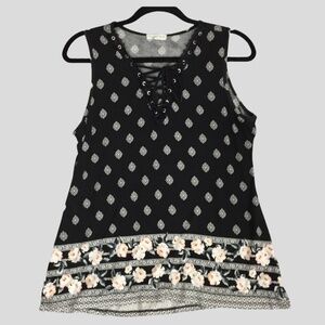 Warehouse One Tank Top Womens Medium Black V Neck Lace Up Sleeveless